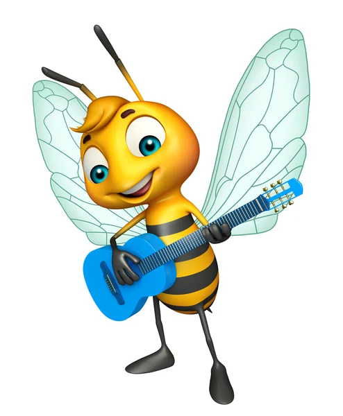 Ładny Bee charakter kreskówka z gitara — Zdjęcie stockowe