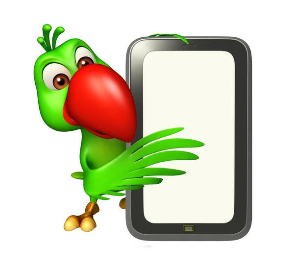 Personagem de desenho animado bonito papagaio com celular — Fotografia de Stock