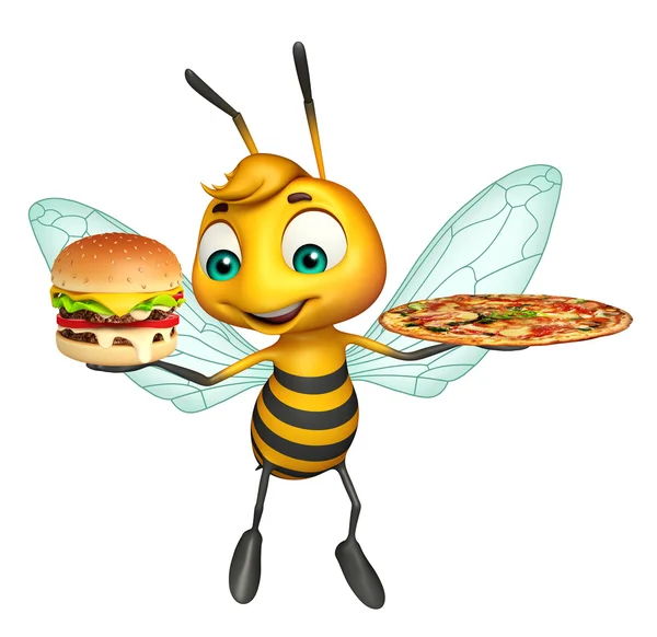 Niedliche Biene Cartoon-Figur mit Burger und Pizza — Stockfoto