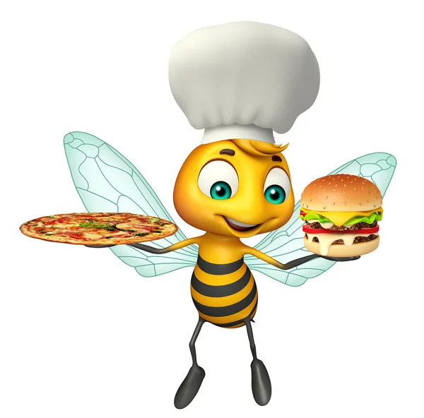 Carino Bee personaggio dei cartoni animati con cappello da chef e pizza, hamburger — Foto Stock