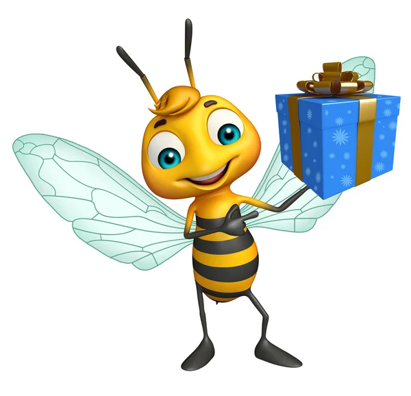 可爱的蜜蜂卡通人物与礼品盒 — 图库照片