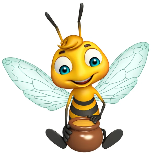 Lindo personaje de dibujos animados de abeja con olla de miel —  Fotos de Stock