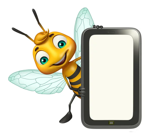 Divertido personaje de dibujos animados de abeja con móvil —  Fotos de Stock