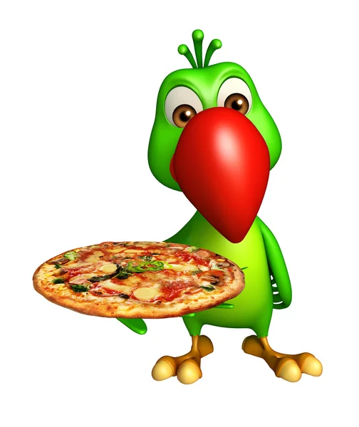 Χαριτωμένο χαρακτήρα κινουμένων σχεδίων παπαγάλος με πίτσα — Φωτογραφία Αρχείου