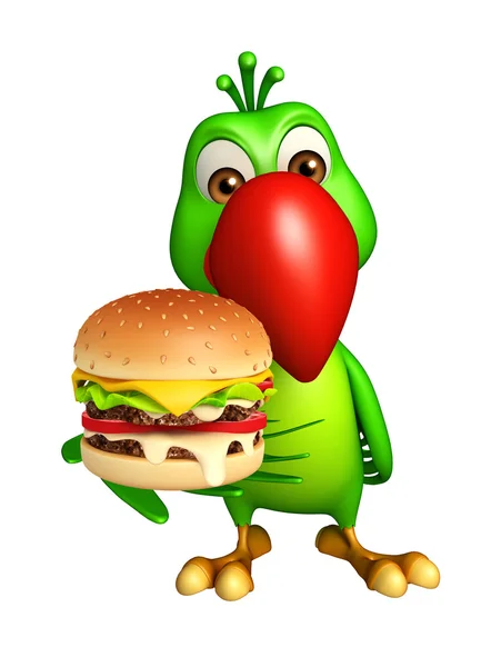 Leuke papegaai stripfiguur met Hamburger — Stockfoto