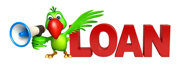 Papuga postać z kreskówek z głośnika i pożyczki znak — Zdjęcie stockowe