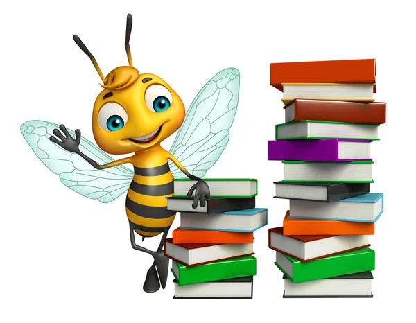 Divertido personaje de la abeja de dibujos animados con pila de libros — Foto de Stock