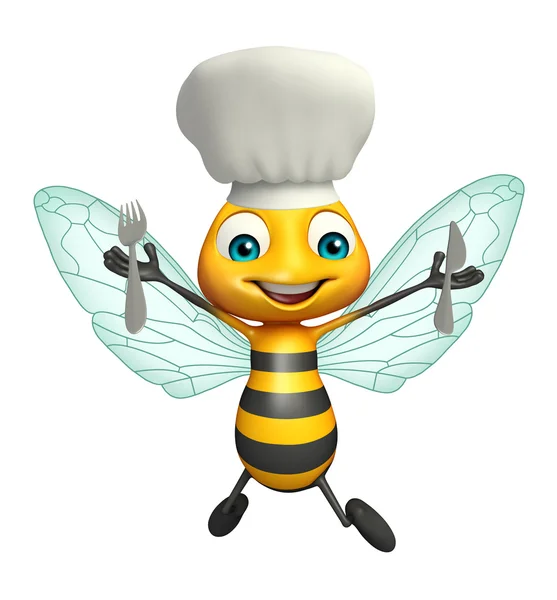 Personaje de dibujos animados de abeja con sombrero de chef y cucharas — Foto de Stock