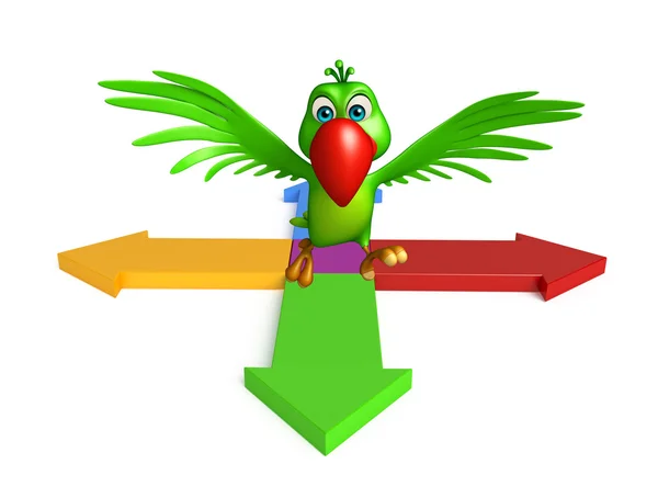 Carino pappagallo personaggio dei cartoni animati con freccia segno — Foto Stock