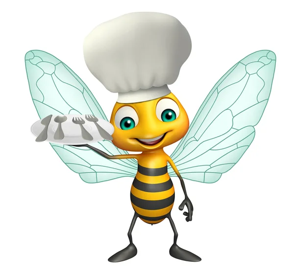 Bee cartoon character  with chef hat and dinner plate