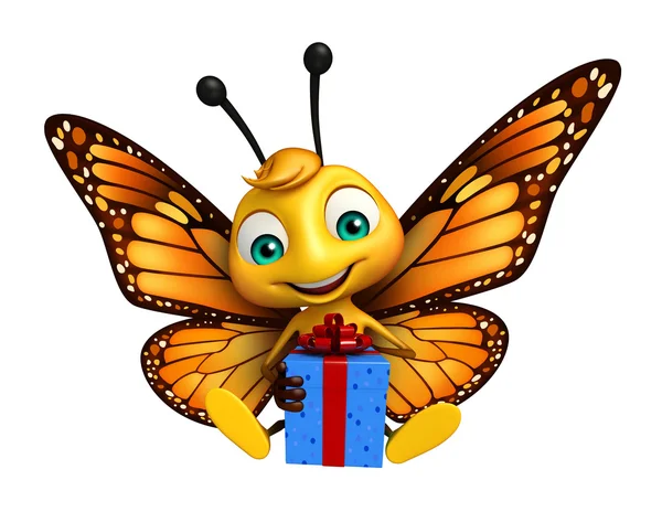 fun Butterfly cartoon character with giftbox
