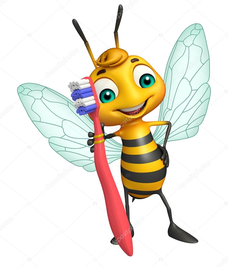 fun Bee cartoon character  with toothbrush