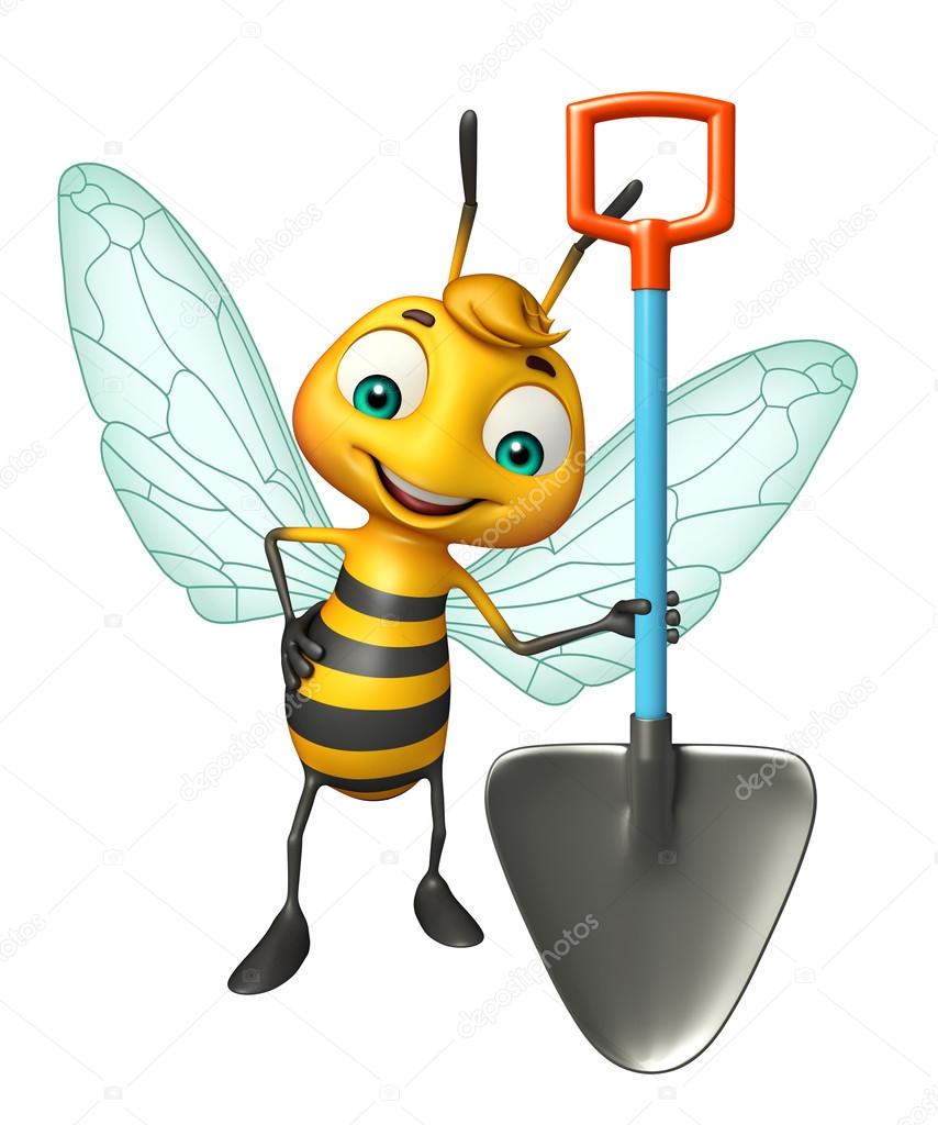 fun Bee cartoon character with digging shovel
