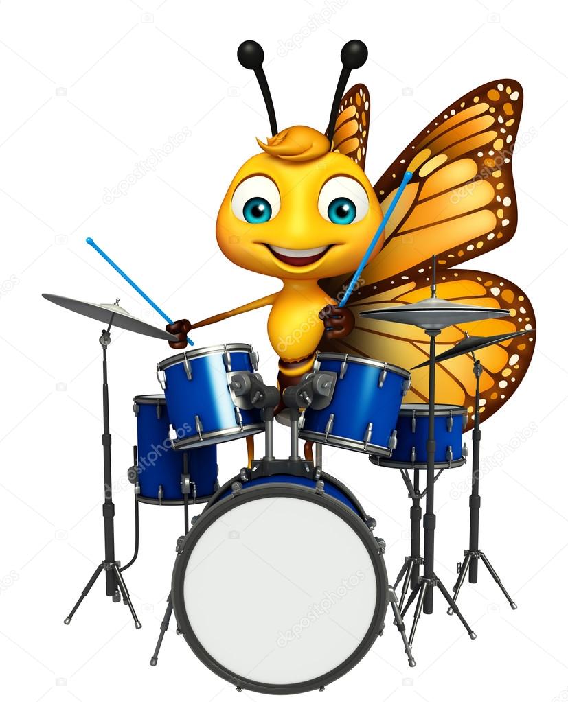 cute Butterfly cartoon character  with drum 