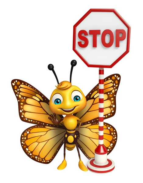 fun Butterfly cartoon character with stop sign