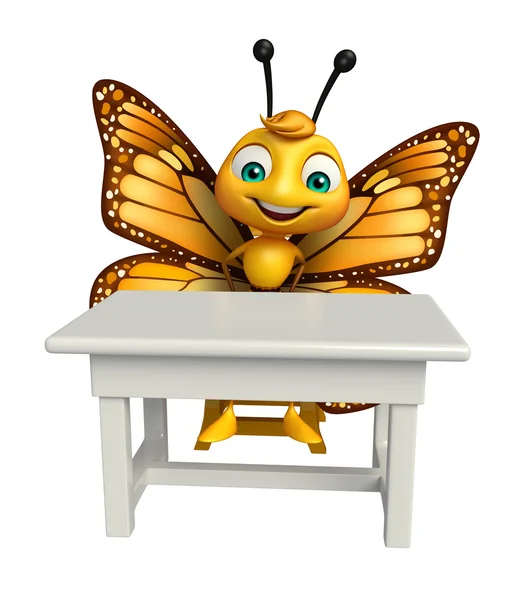 Divertido personaje de dibujos animados mariposa con mesa y silla —  Fotos de Stock