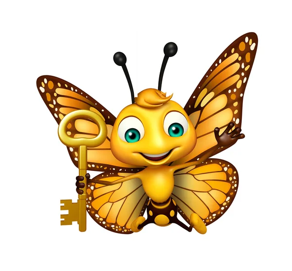 Fun Butterfly cartoon character with key — Stock Photo, Image