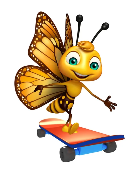 Fun Butterfly cartoon character with skateboard — Stock Photo, Image