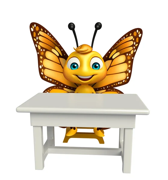 Divertido personaje de dibujos animados mariposa con mesa y silla —  Fotos de Stock