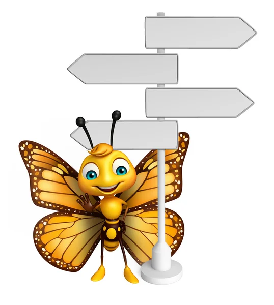 Divertido personaje de dibujos animados mariposa con señal de camino —  Fotos de Stock