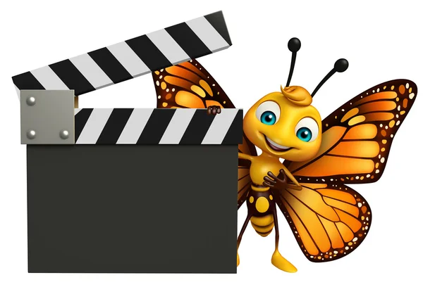 Eğlenceli kelebek çizgi film karakteri ile fıçı tahtası — Stok fotoğraf