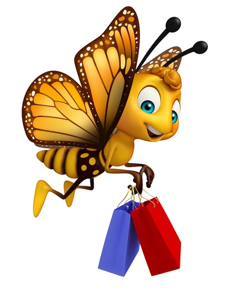 Mariposa personaje de dibujos animados con bolsa de compras —  Fotos de Stock