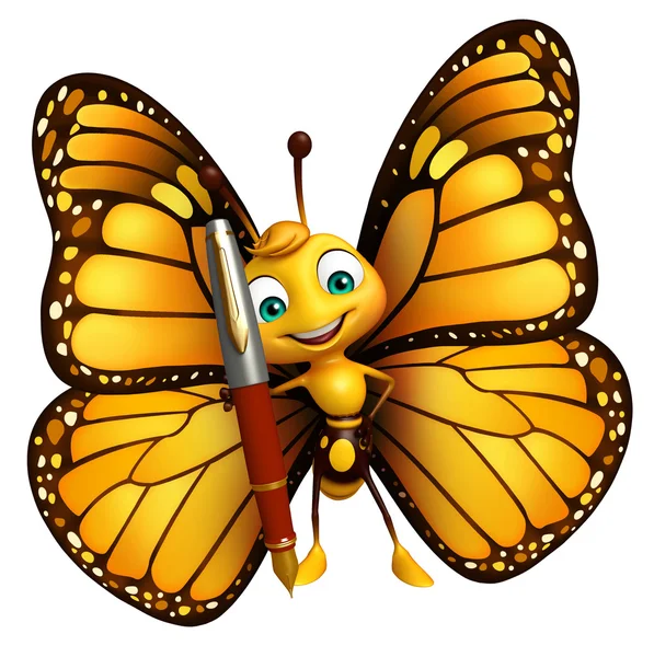 Fun Butterfly cartoon character with pen — Stock Photo, Image