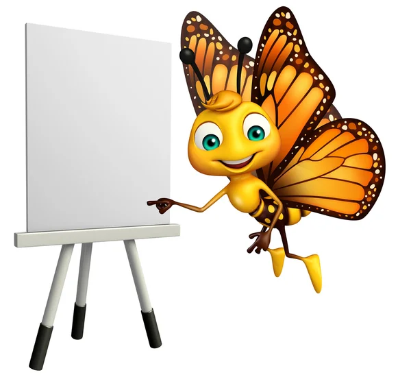 Divertido personaje de dibujos animados mariposa con tablero de caballete —  Fotos de Stock