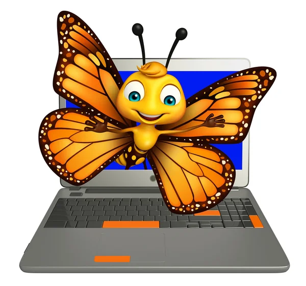 Butterfly cartoon character with laptop