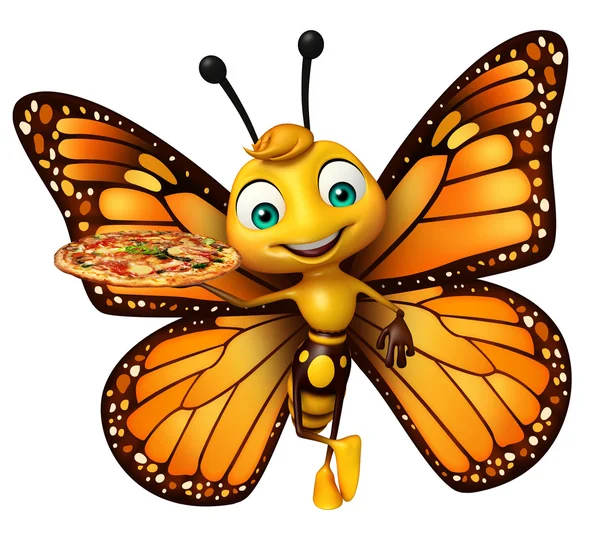 Fun Butterfly cartoon character with pizza — Stock Photo, Image