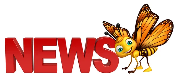 Karakter kartun Butterfly yang menyenangkan dengan tanda berita — Stok Foto