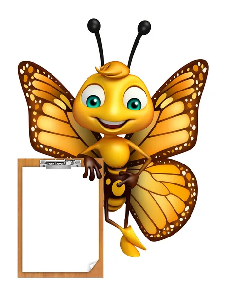 Divertido personaje de dibujos animados mariposa con almohadilla de examen —  Fotos de Stock