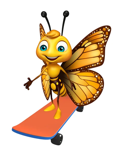 Divertido personaje de dibujos animados mariposa con monopatín — Foto de Stock