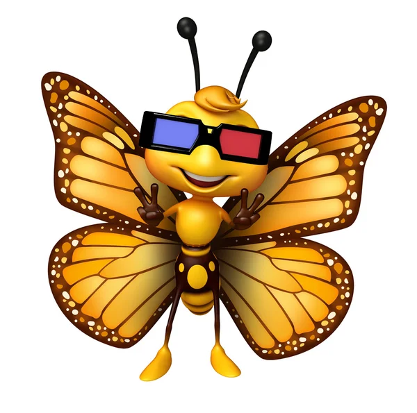 Веселий мультяшний персонаж метелика з 3D окулярами — стокове фото