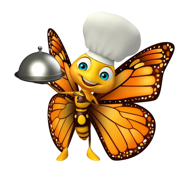 Butterfly cartoon character with chef hat  and cloche — Stock Photo, Image