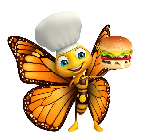 Motýl kreslená postava s burger a kuchař klobouk — Stock fotografie
