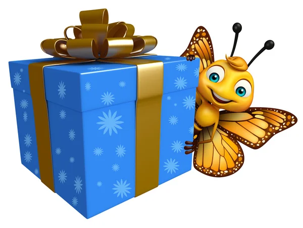 Zabawy kreskówka motyl z giftbox — Zdjęcie stockowe