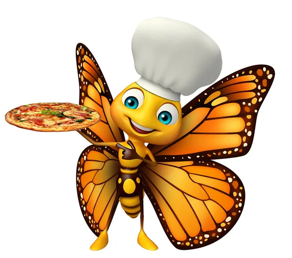 Mariposa personaje de dibujos animados con pizza y sombrero de chef —  Fotos de Stock