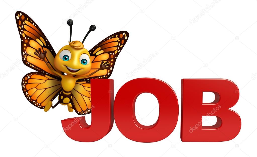 Mariposa personaje de dibujos animados con signo de trabajo 2023