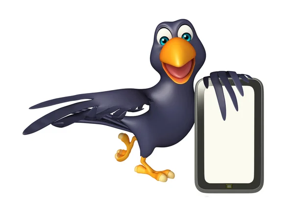 Divertente personaggio dei cartoni animati Crow con cellulare — Foto Stock