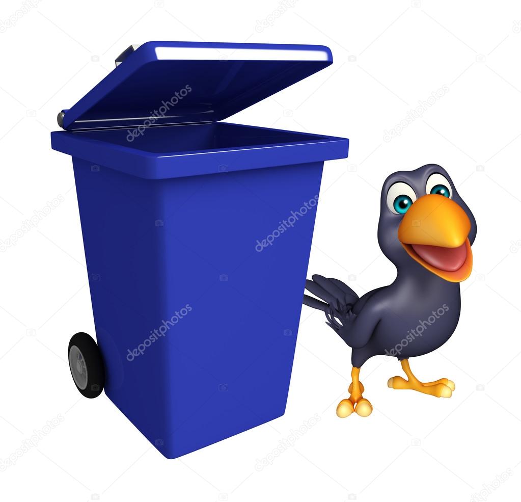 cute Crow cartoon character with dustbin 