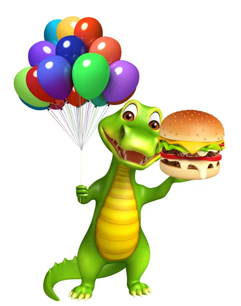 Lindo personaje de dibujos animados Aligator con globo y hamburguesa —  Fotos de Stock