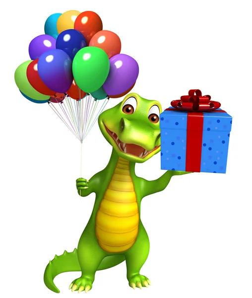 Niedliche aligator cartoon figur mit ballon und geschenkschachtel — Stockfoto