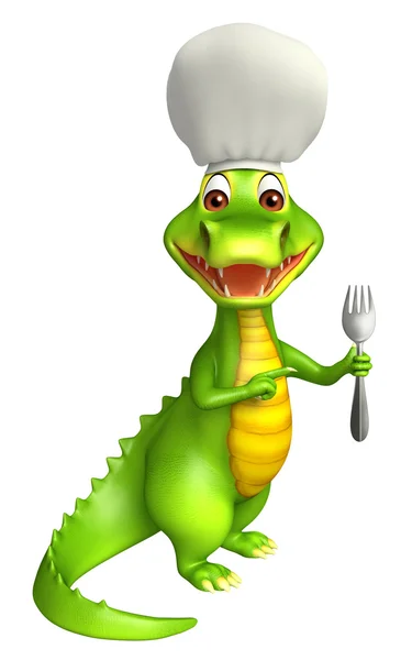 접시와 숟가락 귀여운 Aligator 만화 캐릭터 — 스톡 사진
