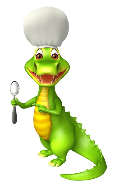 Personagem de desenho animado bonito jacaré com prato de jantar e colheres — Fotografia de Stock