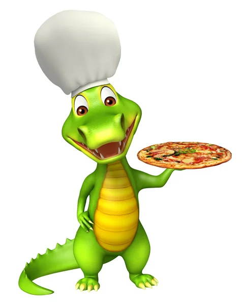 cute Aligator cartoon character with pizza and chef hat