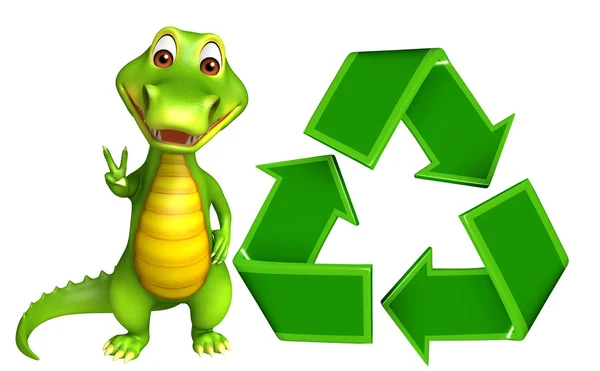 Personagem de desenho animado bonito jacaré com sinal de reciclagem — Fotografia de Stock