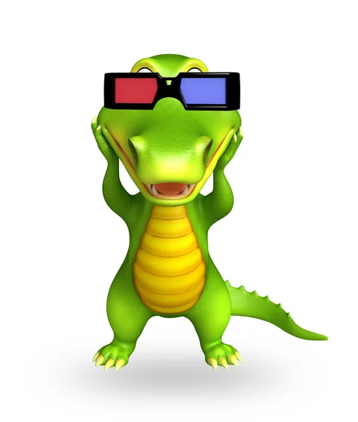 Aligator 可爱的卡通角色，戴着 3d 眼镜 — 图库照片