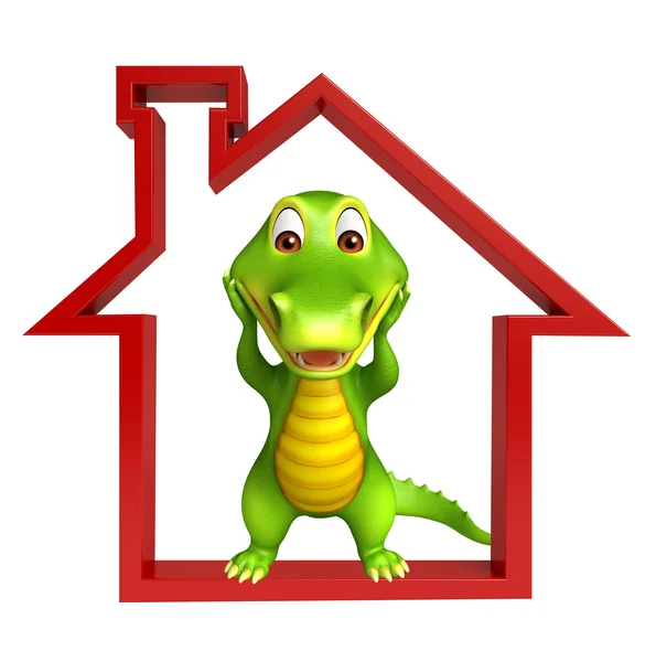 Bonito Aligator personagem de desenho animado com sinal de casa — Fotografia de Stock