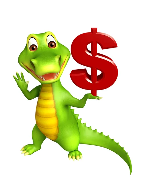 Bonito Aligator personagem dos desenhos animados com doller sinal — Fotografia de Stock